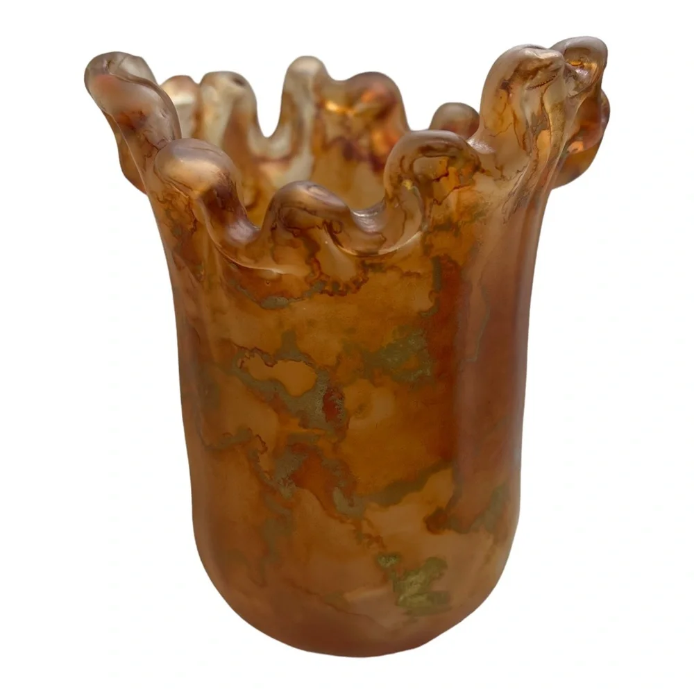 MCM Italian Swung Glass Candle Holders Amber with Metallic Swirls